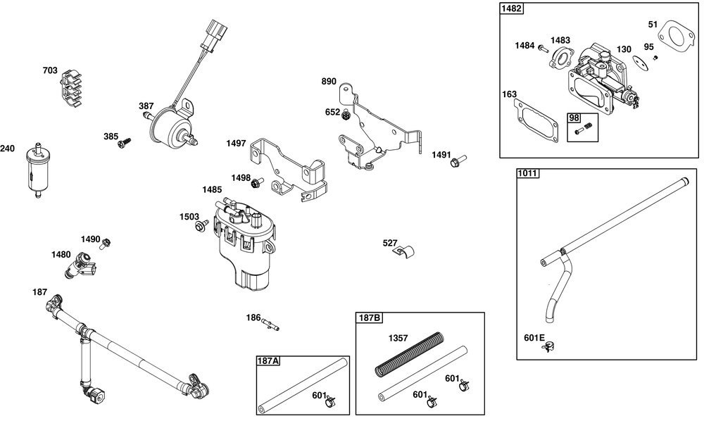 Throttle Body And Fuel Supply Goup Diagram and Parts List for 61E877-0109-J1 400000 - 699999 Briggs and Stratton Engine